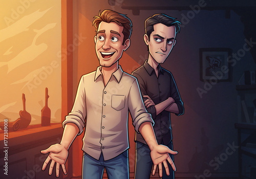 an angry man peeks out from behind a cheerful man . Generative AI