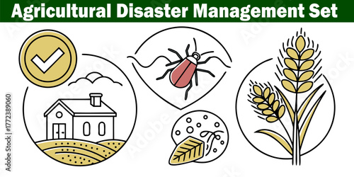 Agricultural Disaster Management Symbol Set for Protect Farm and Harvest from Pests, Disease and Quality Control Vector Illustration.