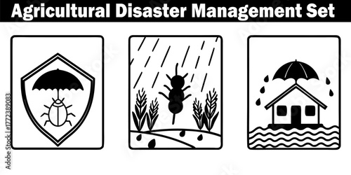 Agricultural Disaster Management Icon Set. Protect Farm House and Harvest from Pests and Floods Vector Illustration Isolated.