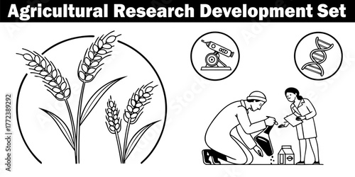 Scientific Agricultural Research Process. Linear Illustration of Agronomy, Farming, Biotechnology, and Agricultural Experimentation in a Laboratory Setting.