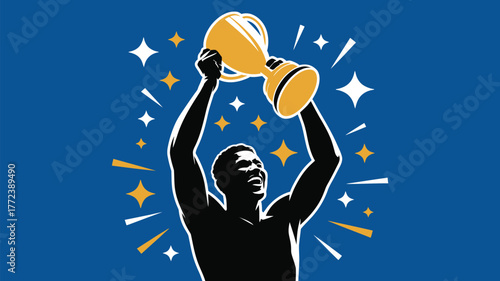 Silhouette of a man holding a golden trophy aloft against a blue background with star accents all around