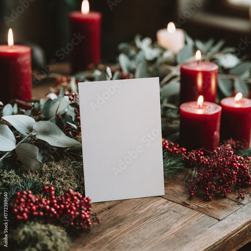 Cozy Winter Card Mockup with Warm Candlelight and Natural Decor