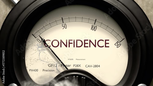 Confidence meter showing low levels of confidence. Minimum and decreasing confidence value, below the norm. Lack of confidence. None of it, insufficient.