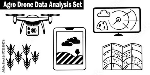 Agriculture Drone Monitoring Symbols Vector Illustration. Vector pictograms in a Plant, Mobile Technology, Radar, Chart, Drone, Agricultural, Technology, Precision Farming, Smart Solutions, Field.