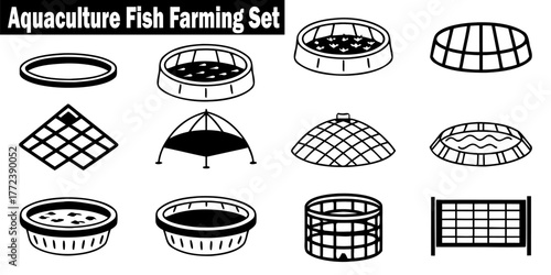 Aquaculture Fish Farming Set Collection Vector Illustration with Aquatic Food Livestock Growth, Equipment, Pisciculture, Fishpond Elements, Round Square Shape, Modern Technology.