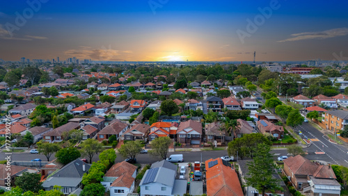Photography Panorama Sunset  aerial drone view of western Sydney Suburbs of Canterbury Burwo