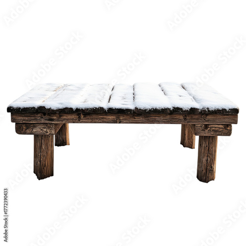 Snow covered wooden table on transparent background