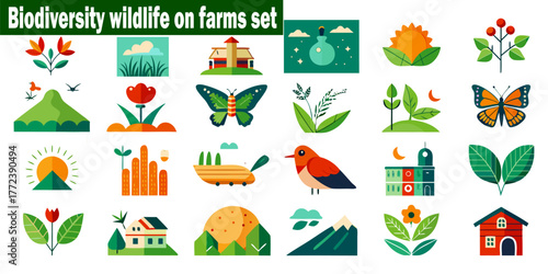 Farm Life Vector Set. Agriculture Field Ecology, Meadow Mountain Landscapes, Agriculture Eco Nature Farmhouse, Farmhouse Flora Fauna Icons.