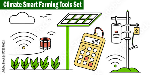 Climate Smart Farming Tools Set Vector Lines. Smart Technology Sensors, Cloud Birds, Calculator, Weather Station, Agriculture Future Automation.