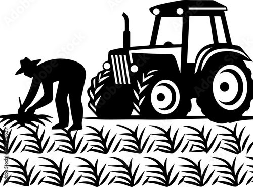 SVG vector illustration of a tractor silhouette working in a rice field.Tractor Cultivating Field with Tire Tracks Design