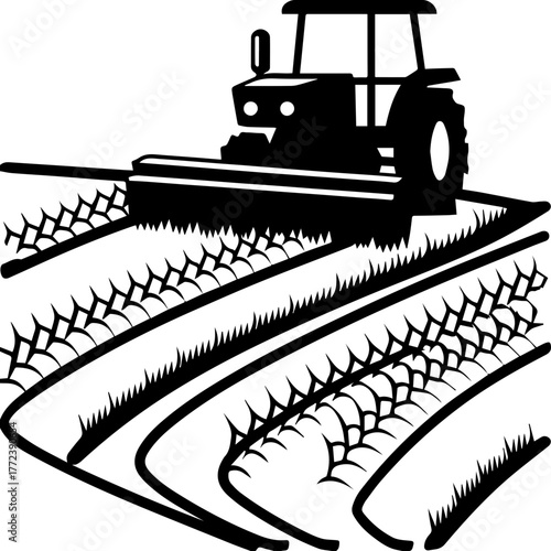 SVG vector illustration of a tractor silhouette working in a rice field.Tractor Silhouette with Rising Sun Over Fields