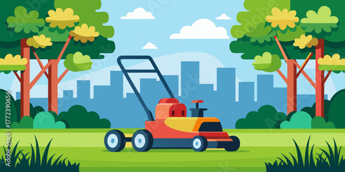 Electric lawn mower parked in a park with trees and skyline  