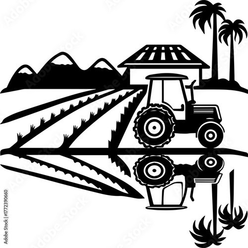 SVG vector illustration of a tractor silhouette working in a rice field.Tractor at Farm with Mountains and Palm Trees