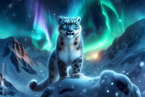 a majestic snow leopard standing on a snow mountain under the northern light
