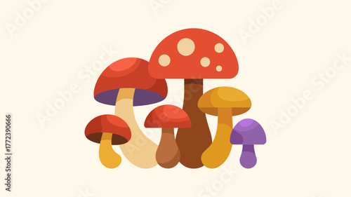Vibrant cartoon mushroom collection with red yellow and purple hues