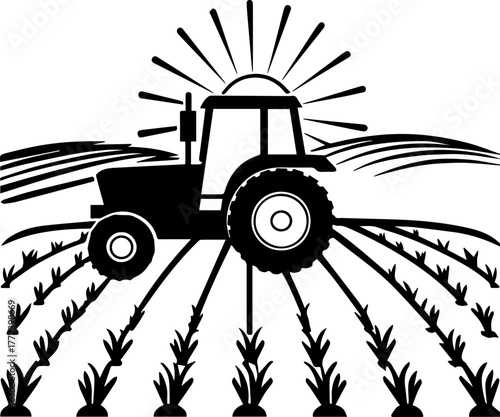 SVG vector illustration of a tractor silhouette working in a rice field.Tractor Making Furrows in Agricultural Field
