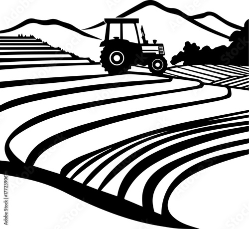 SVG vector illustration of a tractor silhouette working in a rice field.Black and White Tractor Working in Grass Field