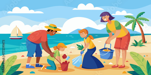 Family cleaning litter from the beach while enjoying a sunny day  