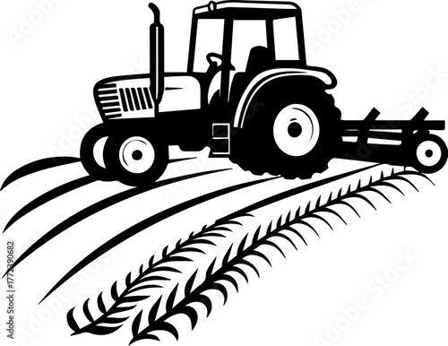 SVG vector illustration of a tractor silhouette working in a rice field.Farmer Working in Field with Tractor Illustration