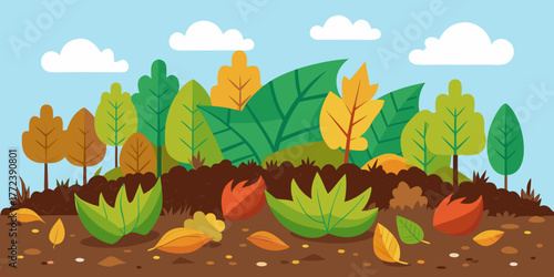 Colorful autumn leaves and plants on garden soil with blue sky  