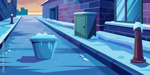 Icy sidewalk with a snow-covered bin and street in winter evening  