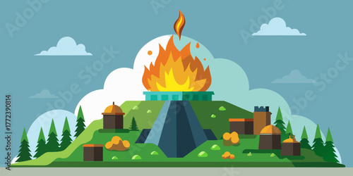 Volcano erupting with flames and buildings on a green hill landscape  