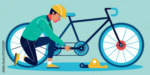 Man repairing bicycle chain while kneeling on solid surface  