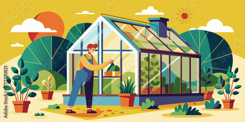 Man building greenhouse from old windows in colorful garden setting  