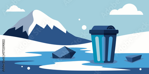 Trash bin floating on melting snow with mountains in background  