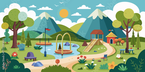 Nature-themed playground with swings and slides in a sunny landscape  