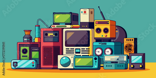 Collection of old electronics stacked in colorful retro style  