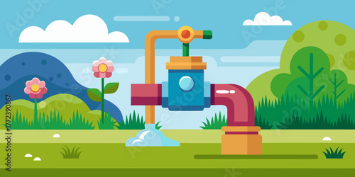 Colorful outdoor faucet with water flowing in a garden landscape  