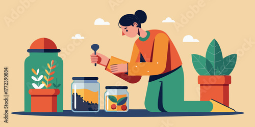 Woman refilling spice jars while kneeling in a cozy indoor setting  