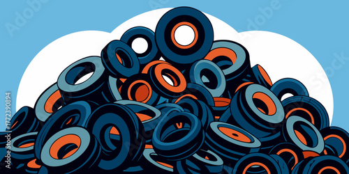Pile of bicycle tires stacked for recycling against a blue background  