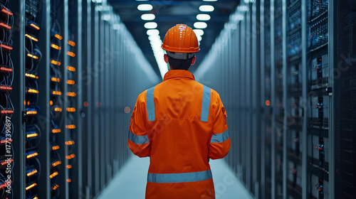Technician in orange uniform and hard hat inspects servers in a data center.