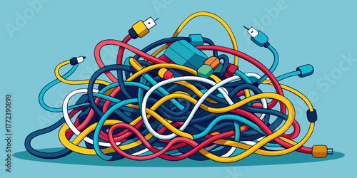 Tangle of colorful cords and cables on blue background  