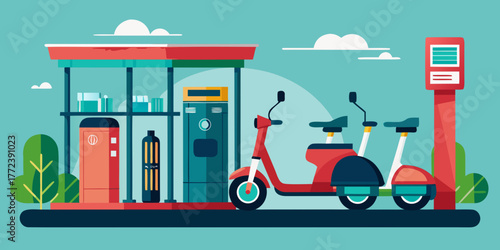 Scooter sharing station with electric bikes in colorful design  