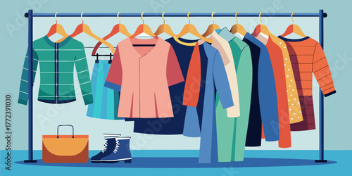 Colorful secondhand clothes displayed on rack in modern style  