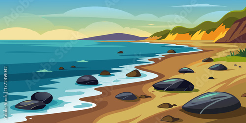 Scenic shoreline with smooth pebbles and calm ocean waves  