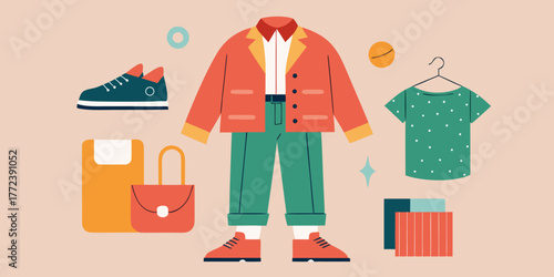 Colorful slow fashion outfit with accessories and casual wear  