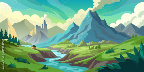 Colorful mountain landscape with a river and rolling hills in daytime  