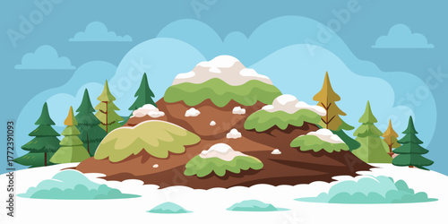Snow-covered compost pile surrounded by trees in winter landscape  