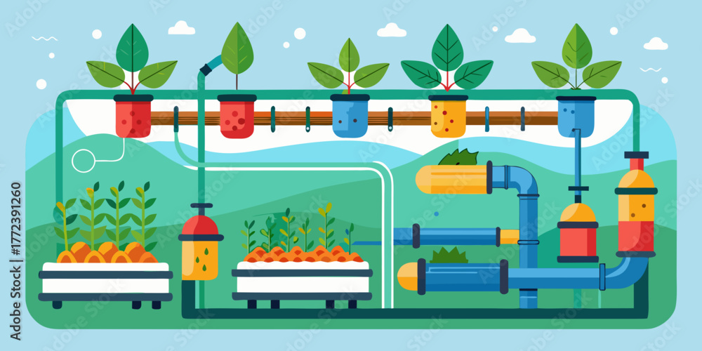 Obraz premium Aquaponics system with plants and pipes in colorful design 