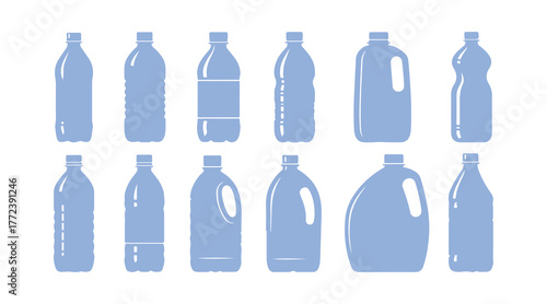 Vector Set of Plastic Bottle blue Silhouette on White Background