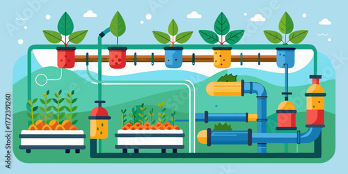 Aquaponics system with plants and pipes in colorful design  