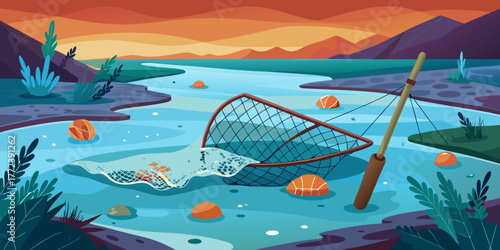 Abandoned fishing net submerged in water with orange sunset background  