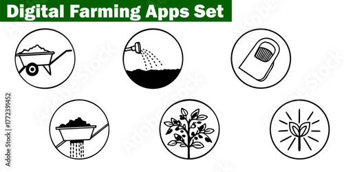 Essential Farming Tools Icons Set Vector Illustration of Wheelbarrow, Watering Can, Soil Sampler, Shovel, Seedling, and Plant Growing Basics for Agriculture.