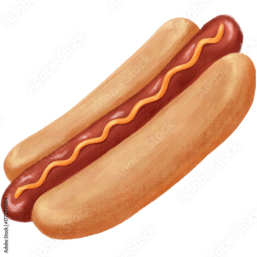 Beef Hotdog with mustard sauce crayon illustration good for sticker, decoration, learning, poster, banner