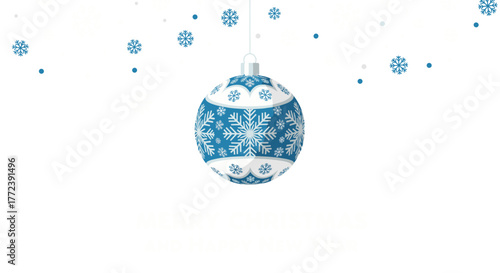 A festive blue and white Christmas ornament with snowflake patterns hangs gracefully amidst a flurry of delicate snowflakes on a pristine white backdrop.
