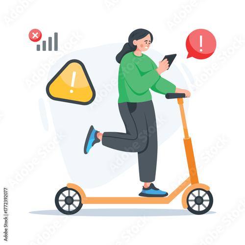 Illustration of a girl riding scooter and using mobile phone, phoneholic vector